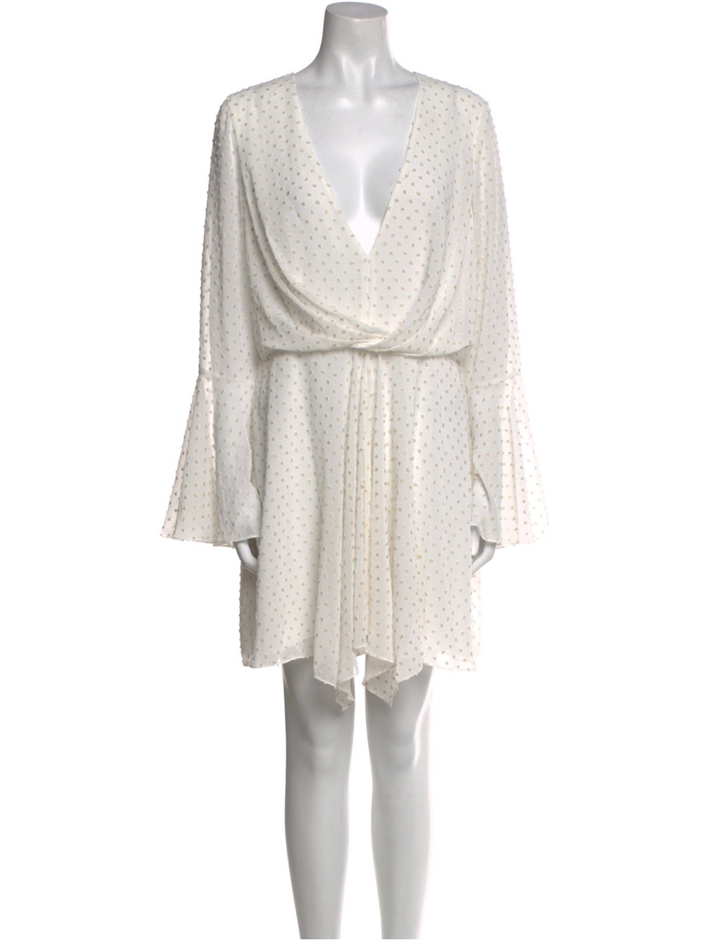 Jay Godfrey White Gold Swiss Dot Dottie Mini Dress 4 Bell Sleeve Plunge Twist